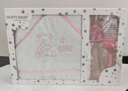 Kit Banho Bebé 3 Peças - Toalha + Biberão + Escova Higiene
