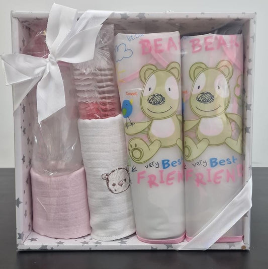 Kit Cuidados Bebé 6 Peças - Babetes + Fraldas + Escova + Biberão