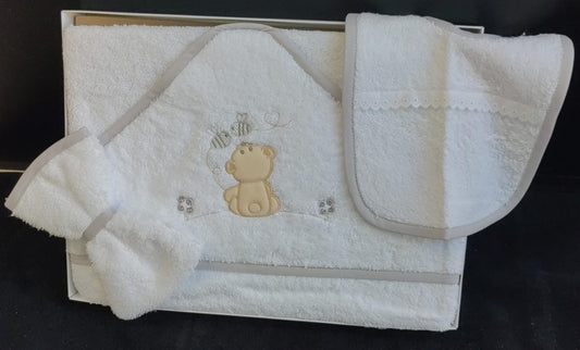 Conjunto Banho Bebé 3 Peças - Toalha + Luva + Babete Coordenados