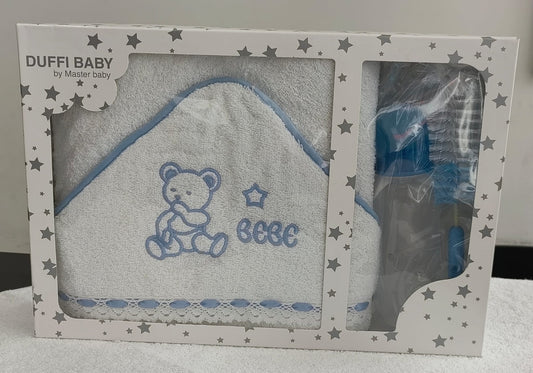Kit Banho Bebé 3 Peças - Toalha + Biberão + Escova Higiene